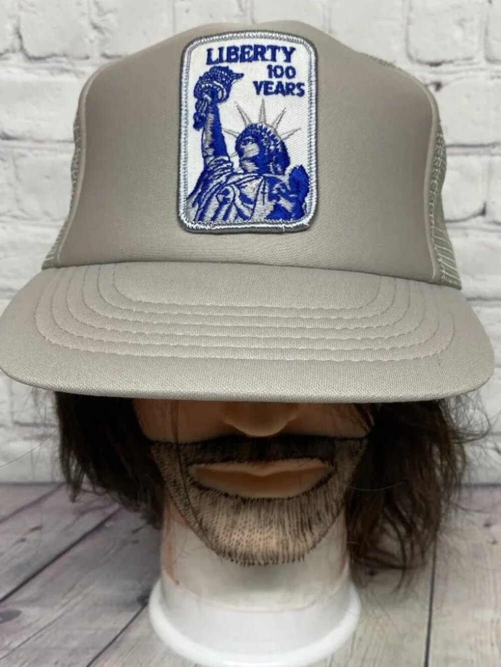 Vintage Lady Liberty 100 Years Trucker Hat Mesh Cap Gray - Patch is Crooked